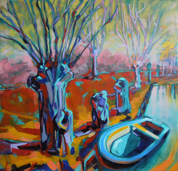 Knotwilgen en boot olieverf schilderij&nbsp; by Hilde Hoekstra kleurrijk bij Vinkeveen Netherlands Dutch